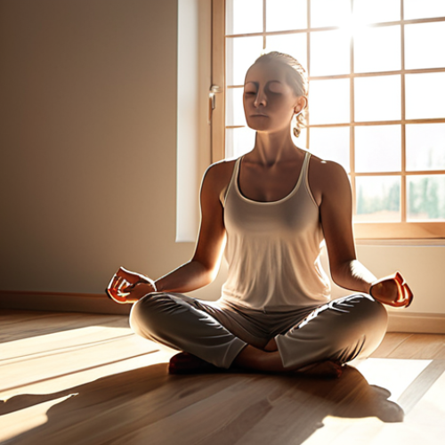Home 4 **A person meditating in a peaceful environment, visualizing success in their new job. Sunlight streams through a window, illuminating a list titled "My Strengths." Soft, calming colors.**