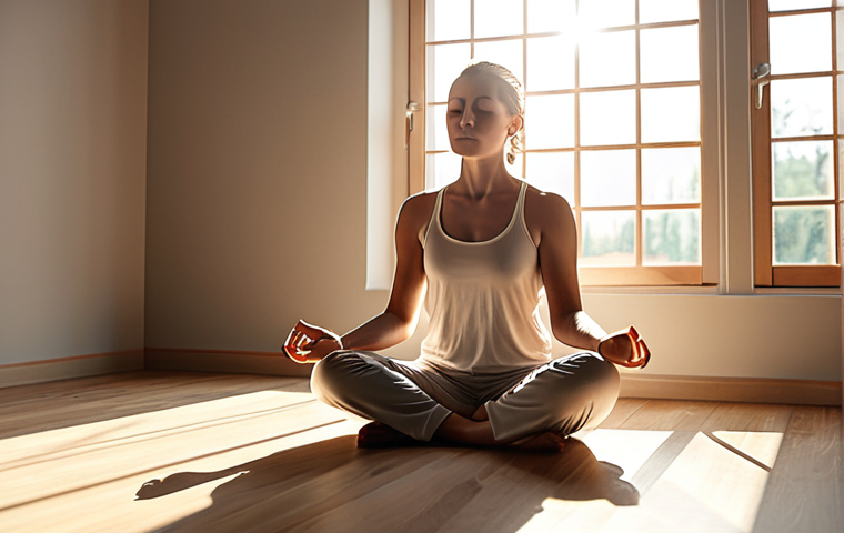 **A person meditating in a peaceful environment, visualizing success in their new job. Sunlight streams through a window, illuminating a list titled "My Strengths." Soft, calming colors.**