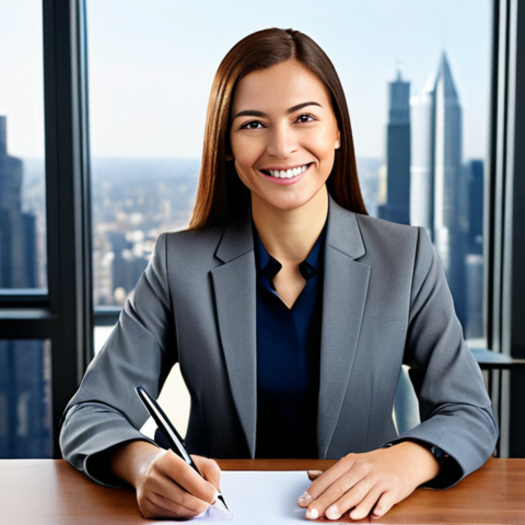 Professional Businesswoman**

"A confident businesswoman in a modest, tailored business suit, sitting at a clean, modern desk in a bright, contemporary office. She is smiling warmly, holding a pen and looking directly at the viewer. The background is a blurred city skyline. Fully clothed, appropriate attire, safe for work, perfect anatomy, natural proportions, professional, high-resolution photograph."

**