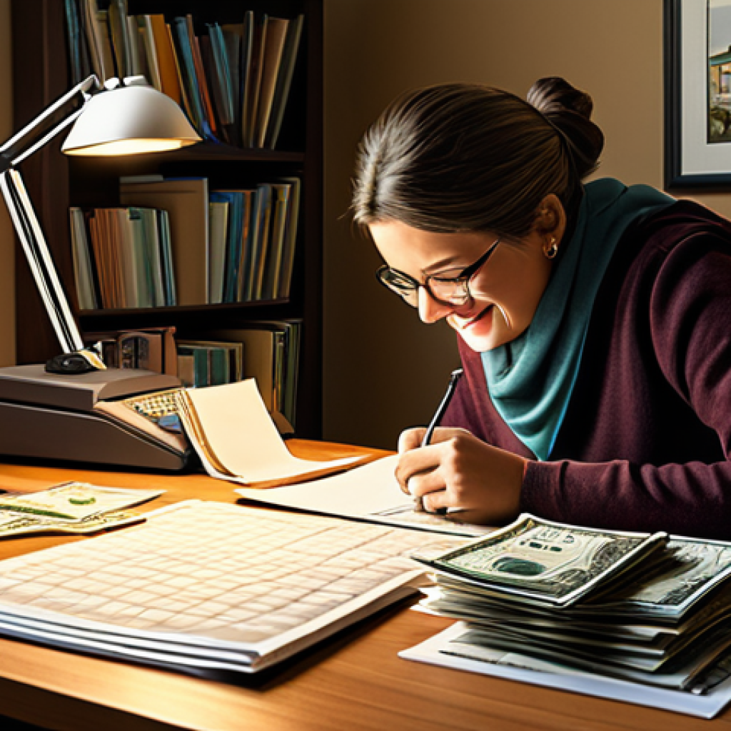 직업 전환을 위한 재무 계획 - **A family-friendly illustration depicting a person happily organizing bills and coins in a home off...