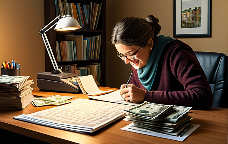 직업 전환을 위한 재무 계획 - **A family-friendly illustration depicting a person happily organizing bills and coins in a home off...