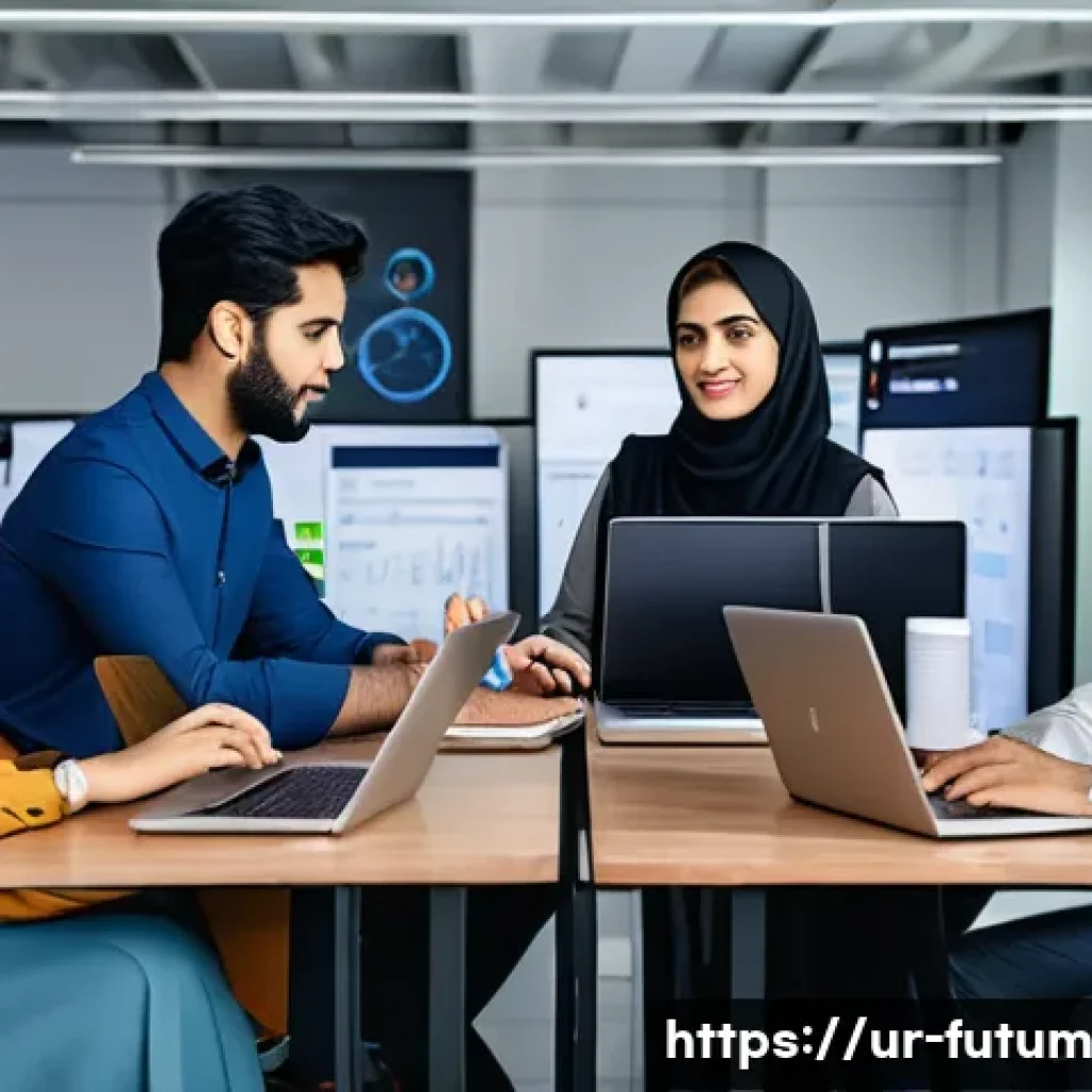 인공지능 시대의 경력 전략 - A modern office setting in Karachi featuring a diverse group of young Pakistani professionals engage...