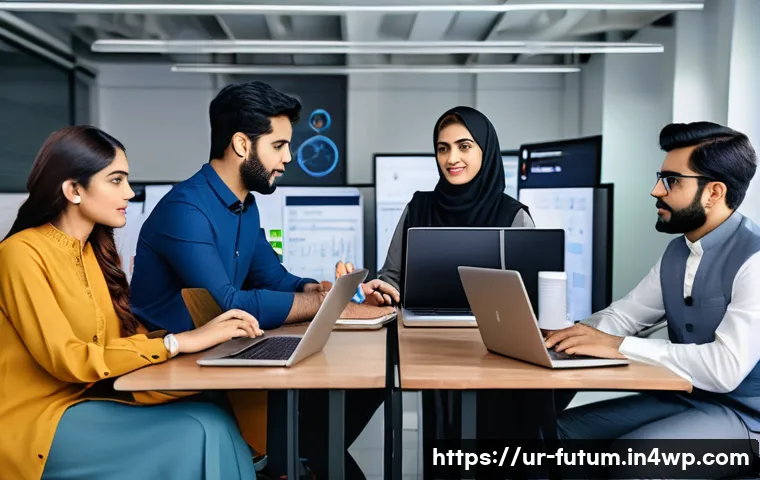 인공지능 시대의 경력 전략 - A modern office setting in Karachi featuring a diverse group of young Pakistani professionals engage...