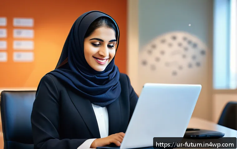 미래 경력 다변화를 위한 스킬 개발 - A professional Urdu-speaking woman in a modern office setting, dressed in modest business attire wit...