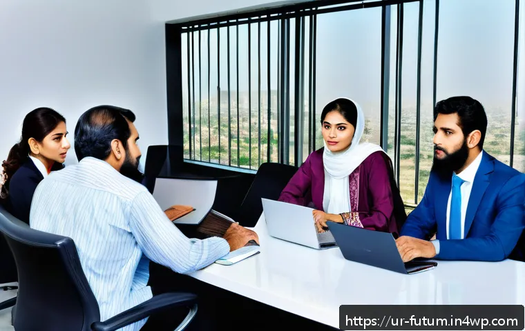 미래 일자리의 윤리적 고려사항 - A modern office scene in a corporate environment in Pakistan, showing diverse employees engaged in a...