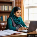 Home 19 직업 변화에 대한 성공적인 사례 공유 - A professional South Asian woman in modest business attire, sitting at a desk with a laptop and note...
