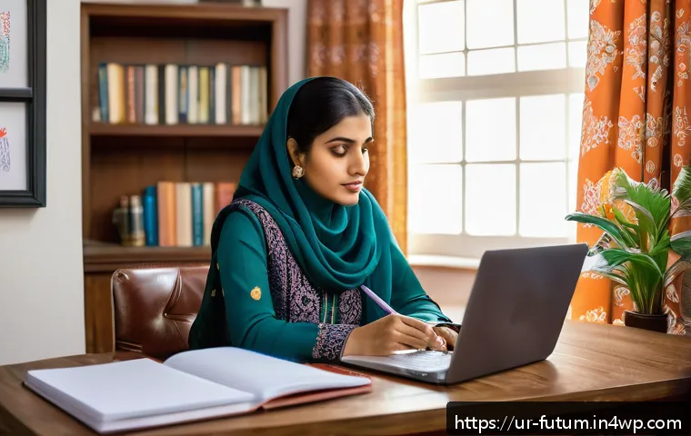 직업 변화에 대한 성공적인 사례 공유 - A professional South Asian woman in modest business attire, sitting at a desk with a laptop and note...