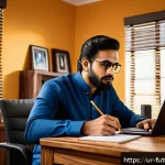 Home 18 자신의 경력에 대한 기록과 분석 방법 - A professional Pakistani man in his early 30s sitting at a traditional wooden desk in a modern home ...