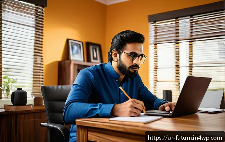 자신의 경력에 대한 기록과 분석 방법 - A professional Pakistani man in his early 30s sitting at a traditional wooden desk in a modern home ...