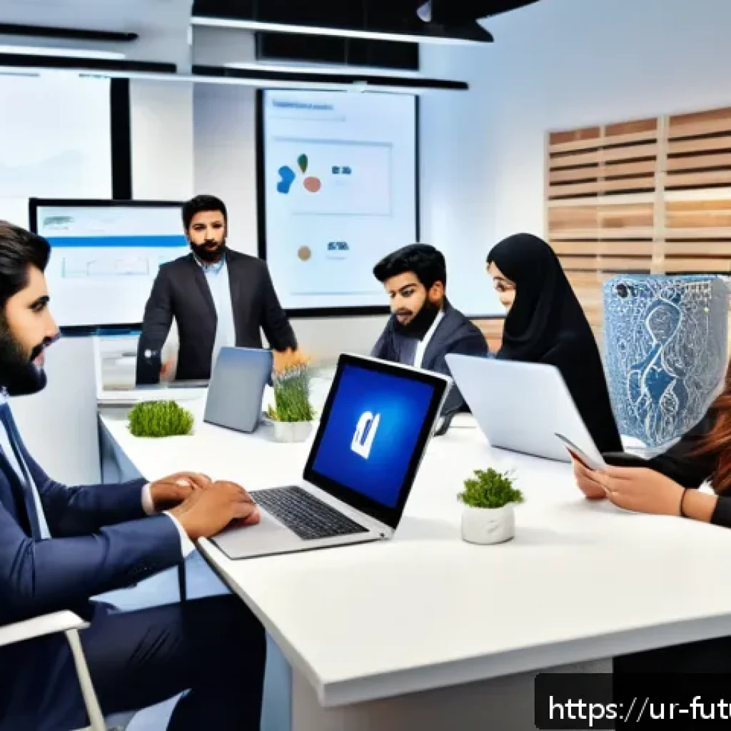 미래 직업 시장의 필수 기술 트렌드 - A modern office scene featuring a diverse group of Urdu-speaking professionals collaborating remotel...