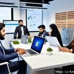 Home 23 미래 직업 시장의 필수 기술 트렌드 - A modern office scene featuring a diverse group of Urdu-speaking professionals collaborating remotel...