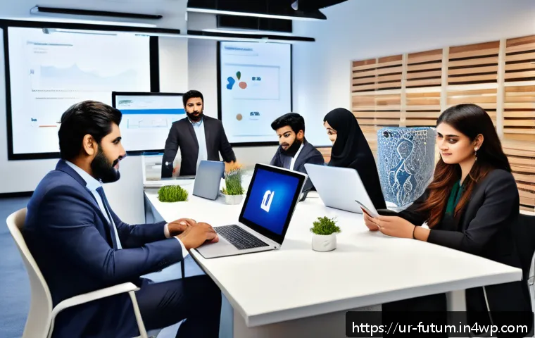 미래 직업 시장의 필수 기술 트렌드 - A modern office scene featuring a diverse group of Urdu-speaking professionals collaborating remotel...